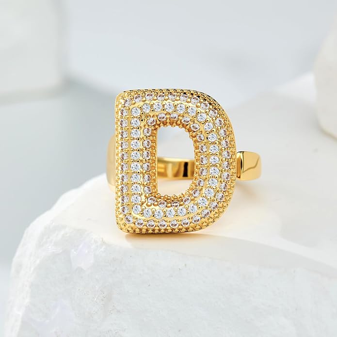 Cicy Bell Initial Rings for Women 14k Gold Plated Cubic Zirconia Delicate Letter Chunky Statement Open Rings Gifts for Her