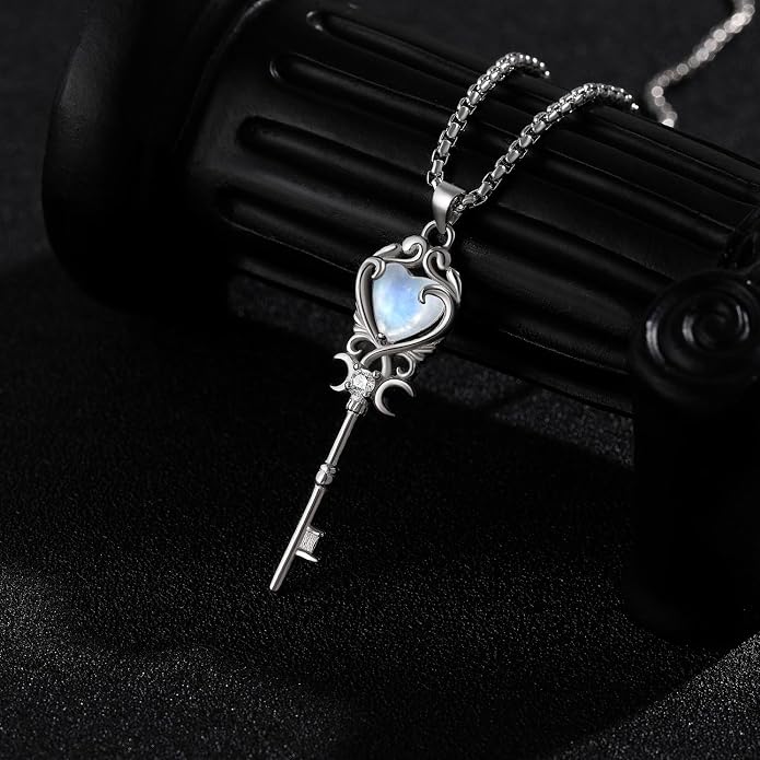 Natural Moonstone Crystal Key Necklace for Women, Retro Triple Moon Key Healing Crystal Wiccan Pagan Jewelry Gift