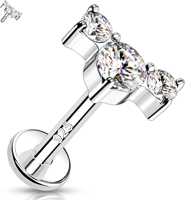 Melighting 16G Curved Helix Earring, Sterling Silver 925 Tragus Conch Stud Internally Threaded, Clear Marquise Round CZ Flat Back Lobe Labret Cartilage Piercing Jewelry for Women 6/8 mm