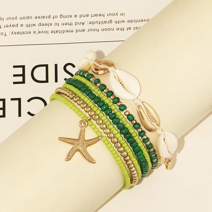 Shell Anklets Bracelet for Women Waterproof Surfer Starfish Bracelet Puka Shell Anklet Colorful Boho Stack Stretch Bead Bracelet Set Hawaii Summer Beach Vacation Foot Jewelry