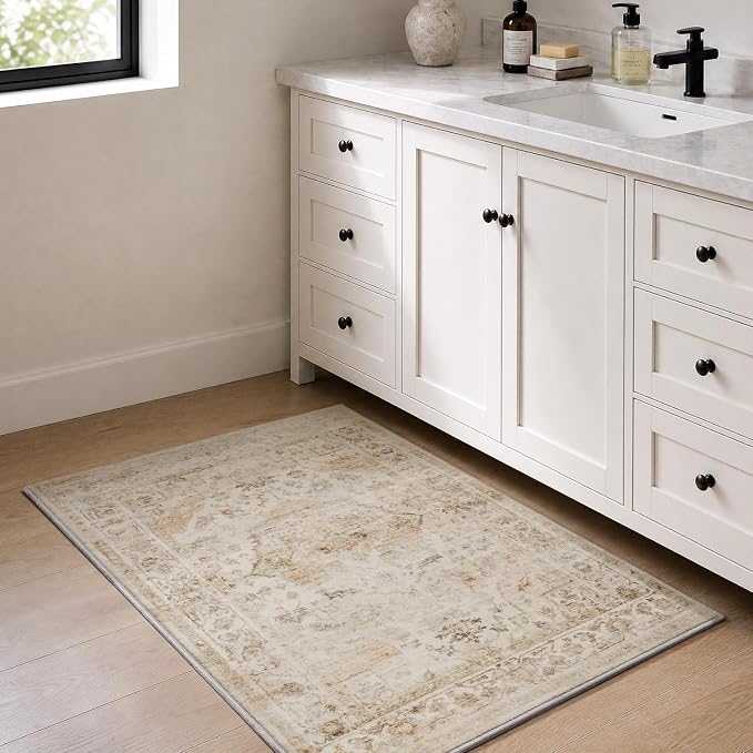 AMOAMI-2X3 Small Rug-Washable Rugs Entryway Mat Indoor-Soft Vintage Non Slip Rugs for Kitchen Laundry Room Bathroom Beige Decorative Accent Rug for in Front of Sink 24 Inch x36 Inch