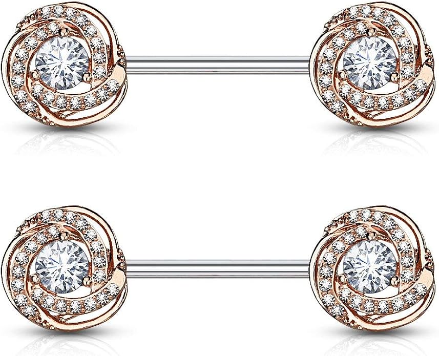 Forbidden Body Jewelry Ultra Glam CZ Swirl Halo Frame Surgical Steel Nipple Barbells