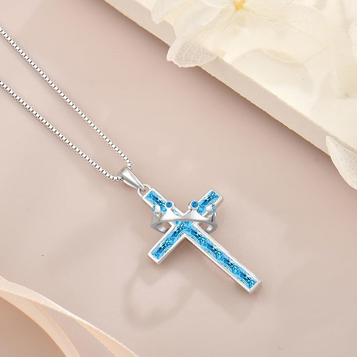 Gemstone Crown Cross Necklaces for Women, 925 Sterling Silver Rectangular cut Zircon Pendant With Rotated Crown Faith Cross Jewelry Gift