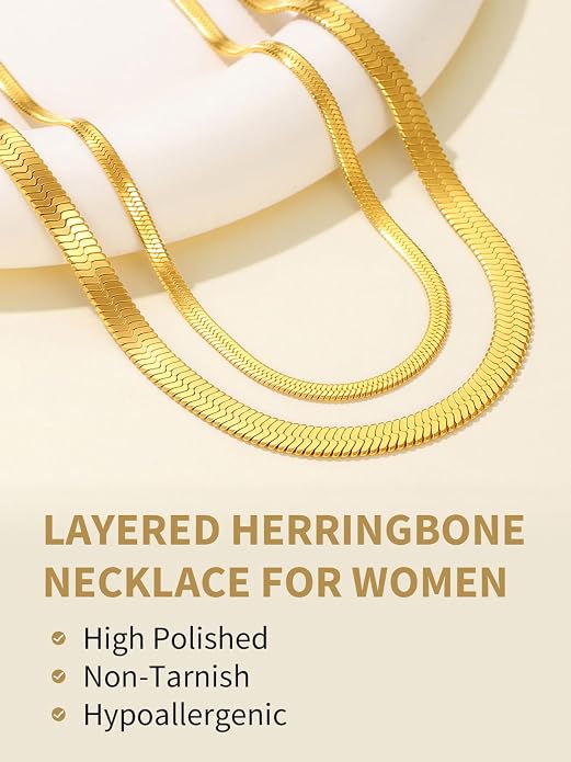 FindChic Black/14K Gold Plated Herringbone Choker Chain Necklace for Women | Waterproof Stainless Steel, Dainty Layering, Flat Snake Chain, Non-Tarnish, Hypoallergenic, Adjustable Extender, Gift Box
