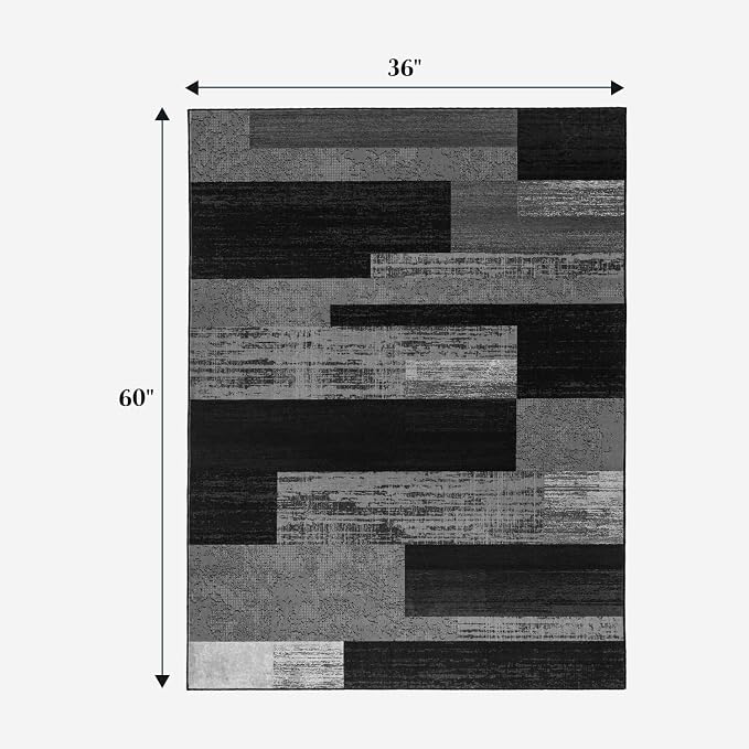 LIANLAM 3x5 Washable Area Rugs for Living Room and Bedroom(3x5,Black&Gray) | Non-Slip Small Carpet,Vintage Checkered Pattern, Stain Resistant Faux Wool Low Pile Soft Rug for Dining Room,Office,Nursery