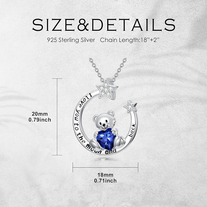 PELOVNY Teddy Bear Necklace for Women 925 Sterling Silver Bear/Highland Cow/Fox/Cat/Axolotl Birthstone Necklace Christmas Birthday Jewelry Gifts for Mom Daughter Wife Sister