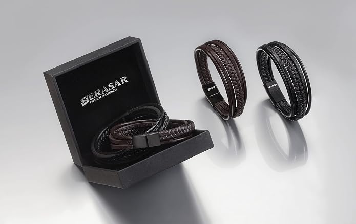 SERASAR | Premium Leather Bracelet [Braid] for Men in Black & Brown | Various Lengths | Magnetic Stainless Steel Clasp | Exclusive Jewellery Box | Great Gift Idea for Men