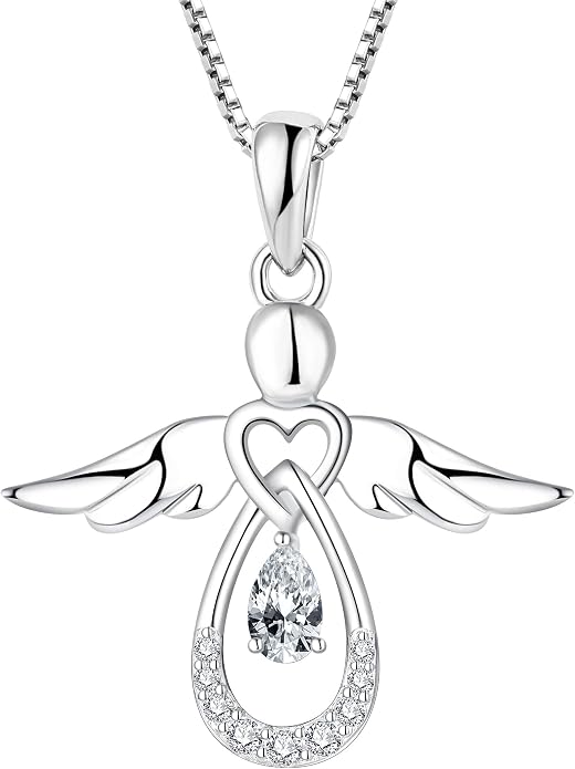 FJ Guardian Angel Necklace 925 Sterling Silver Birthstone Pendant Angel Jewelry Gifts for Women
