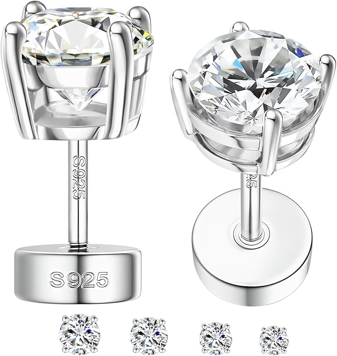Moissanite Earrings, Hypoallergenic Flat Back Earrings for Women Men, Screw On Studs 925 Sterling Sliver Cartilage Earring for Sensitive Ears 4mm Short Post