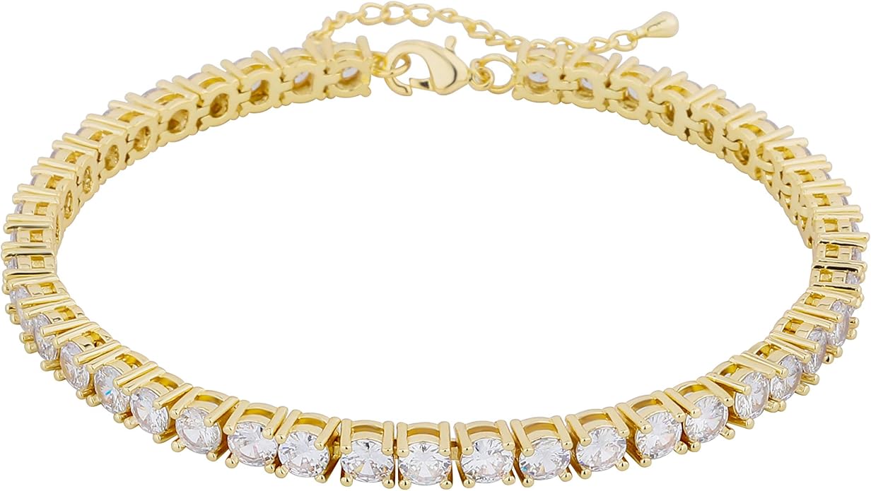 TOPGRILLZ Tennis Ankle Bracelet Gold Anklet Adjustable with Extension 14K Gold Plated Iced out Diamond 3-6mm Fashion Stylish Foot Jewelry for Women