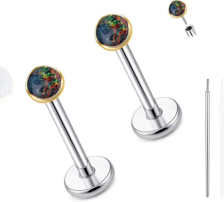 limerencia 18G Hypoallergenic Titanium Opal Threadless Nose Stud Earrings, 2PC Flat Back Push in Stud Earrings Labret Medusa Monroe Helix Cartilage Tragus Conch Piercing Jewelry for Women Men