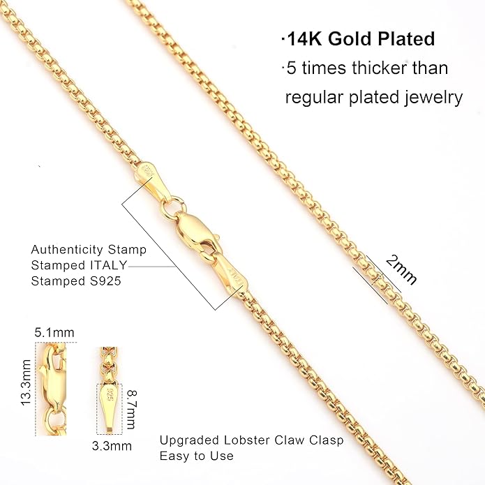 925 Sterling Silver Box Chain Lobster Clasp 2/3/4/5mm Necklace for Women Mens Box Chain Silver/14K Gold Plated Plated Necklace Chain Diamond Cut 16-30 Inches
