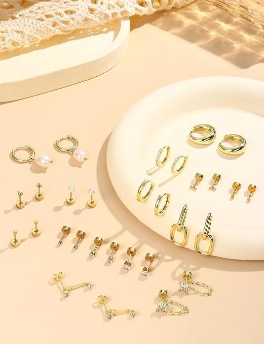 LOLIAS Flat Back Earrings for Women Hypoallergenic Surgical Steel Earrings for Sensitive Ears-20G Cartilage Earring Stacks 14K Gold Plated Hoops Flatback Stud Earring Sets for Multiple Piercing