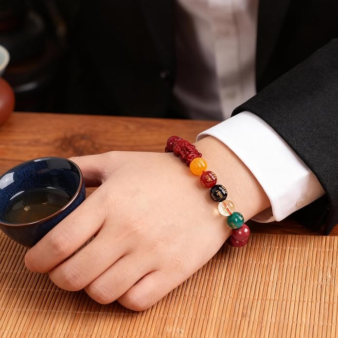 Five Roads Wealth God Cinnabar Pixiu Bracelet - Feng Shui Red String Bracelet for Good Luck & Money Attraction, Fortune Blessing for Men & Women, Adjustable Lucky Charm Bracelet (Classic & Cinnabar Options, 8/10/12mm)