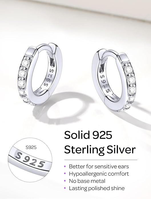 ChicSilver 925 Sterling Silver Huggie Earrings for Women 14K Gold Plated Silver Hoop Earrings for Women Hypoallergenic Small Cubic Zirconia Huggie Earring (6/8/10/12/14/16/18/20mm)