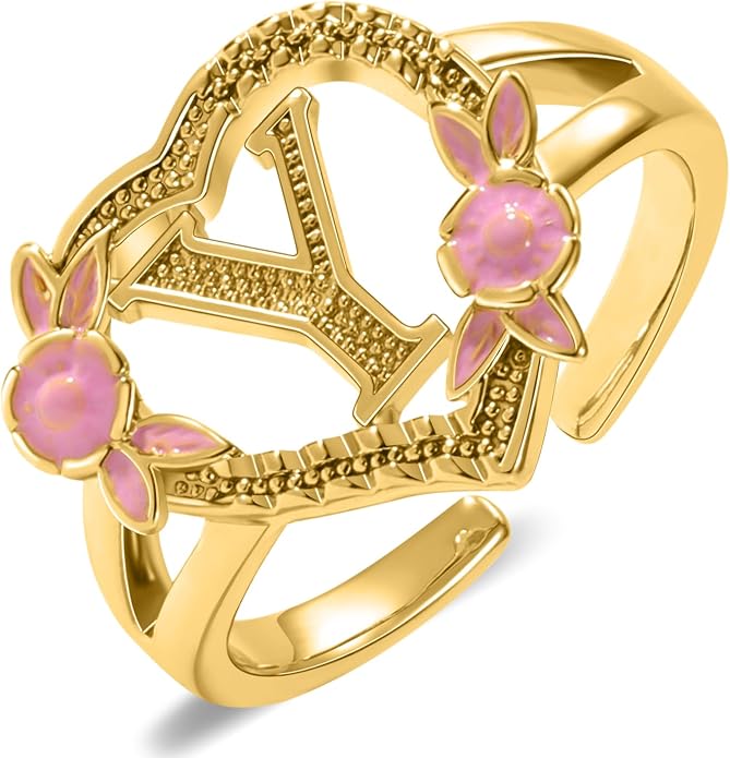 Gold Initial Rings for Women - Non Tarnish Dainty 14K Gold Plated Heart Adjustable Letter Rings for Women, Stackable Cute Thumb Pinky Fashion Open Simple Birthday Gifts Jewelry