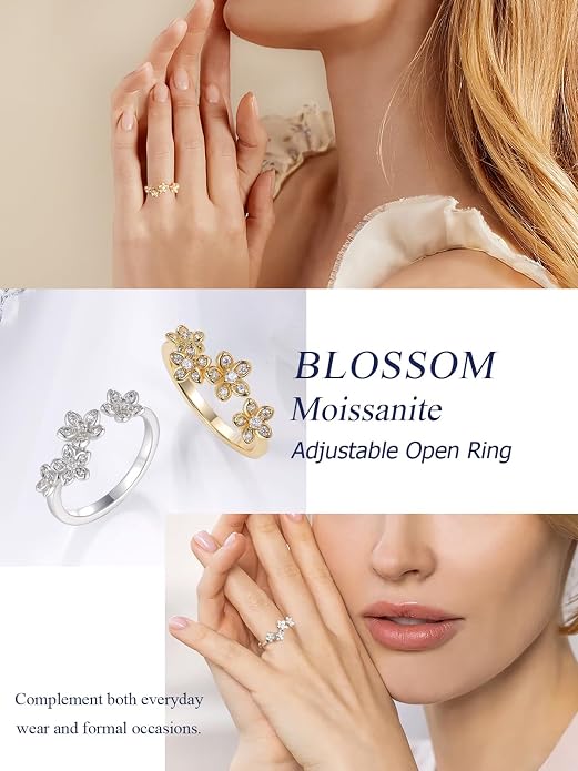 Moissanite Flower/Butterfly/Star Pretty Open Ring for Women, Adjustable Ring, Solid 925 Sterling Silver with Gold Plated, Stackable Ring, Birthday Valentines Anniversary Mothers Day Ideal Gift for Her