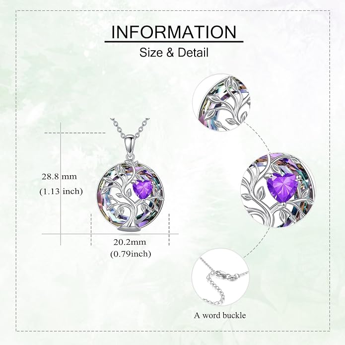 Tree Of Life Birthstone Necklace 925 Sterling Silver Crystal Family Tree Pendant Necklaces Heart Birthstone Jewelry For Women Female Anniversary Birthday Gifts