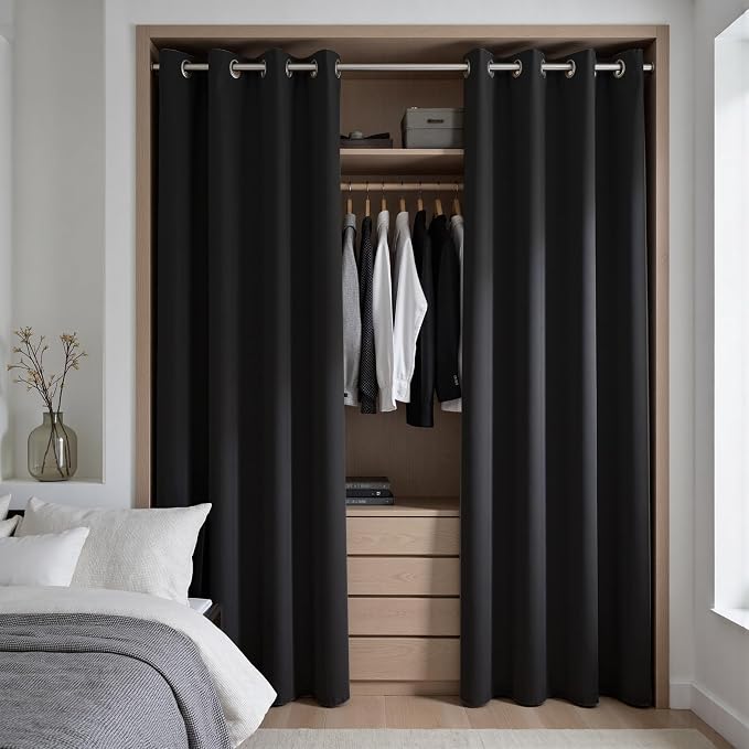 KOUFALL Closet Door Curtain Without Door,Insulated Thermal 78 Inch Long Black Pleated Curtains Alternative to Accordion Door
