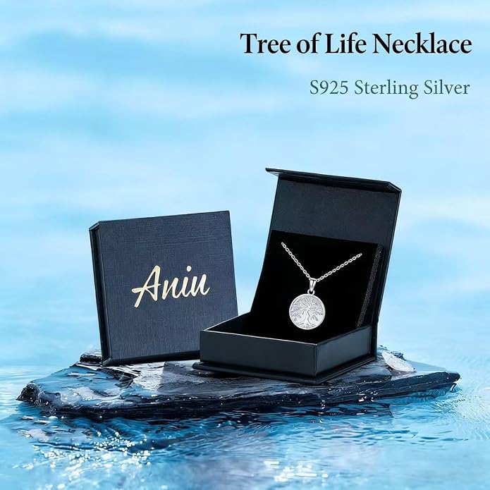 Aniu Tree of Life Necklace for Women, 925 Sterling Silver Mother of Pearl Family Palm Tree Charm Pendant Jewelry for Birthday Christmas Gift