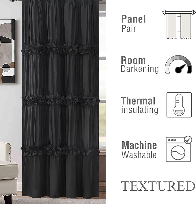 Homechoice Decor Boho Thermal Insulated Blackout Window Curtains Black | Ruched Window Treatments with 3 Rows of Butterfly Flowers, Rustic Rod Pocket Drapes for Room, 54"W x 84"L, 2 Panels (LQ-30)