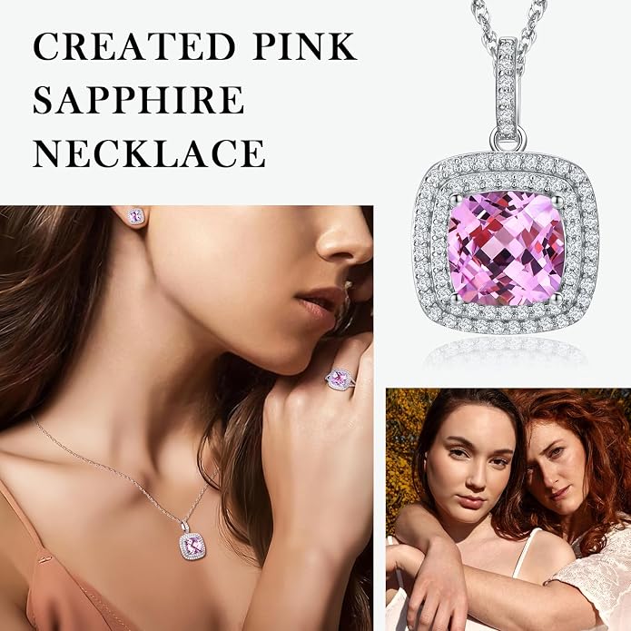Birthstone Necklace for Women 925 Sterling Silver Cushion/Pear Cut Created Gemstone Halo Pendant Necklace Birthstone Jewelry