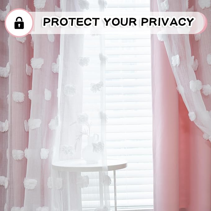 MYSKY HOME Pink Curtains for Girls Bedroom Nursery Curtain Double Layer White Pom Pom Sheer Window Panels for Kids Room Back Tab Room Darkening Window Drapes 72 Inches Length, W52 X L72, 2 Pieces