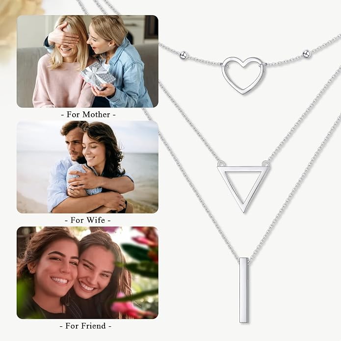 Layered Choker Necklaces for Women S925 Sterling Silver Circle/Heart/Cross/Star Multi Layered Necklace Handmade Bead Chain Adjustable Jewelry for Birthday