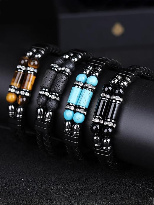 Mens Leather Turquoise/Tiger Eye/Obsidian/Lava Stone Bracelet–Braided Multi‑Layer Wristband Cuff Bangle Barcelet–Jewelry Box and Pouch Packing