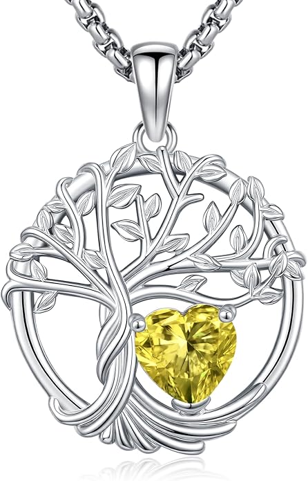 Birthstone Tree of Life Necklace for Women Heart Crystal Pendant Silver Plated Birthday Anniversary Jewelry for Wife, Mom, and Her