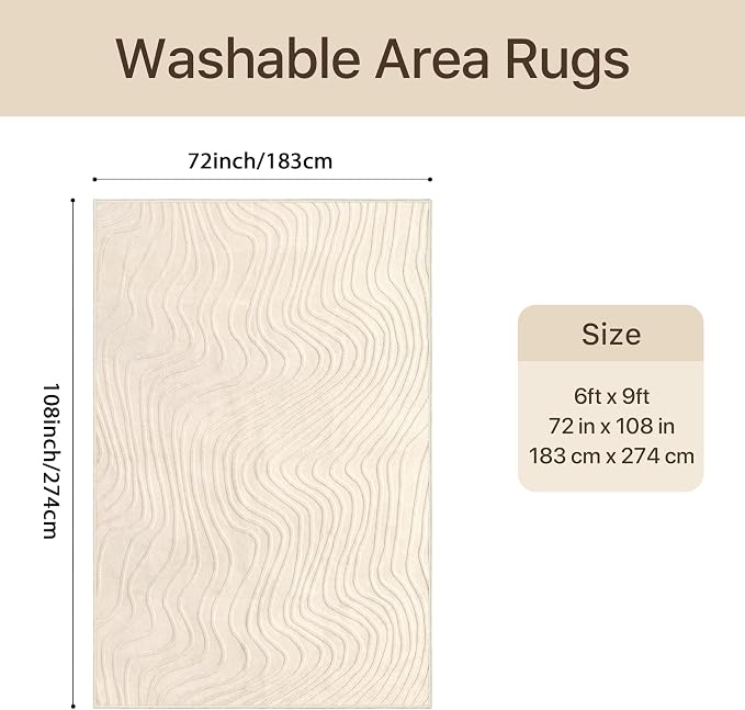 GENIMO Soft Washable Area Rugs 6x9, 3D Modern Wave Textured Rugs for Living Room, High-Low Pile Non Slip Fuzzy Carpet, Non-Shedding Stain Resistant Thin Beige Rugs for Bedroom, Dining Room, Nursery