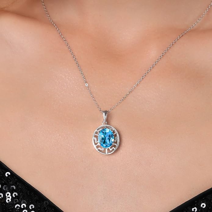 Gem Stone King 925 Sterling Silver 10X8MM Oval Gemstone Birthstone Necklace | Greek Key Pendant Necklace for Women | With 18 Inch Silver Chain
