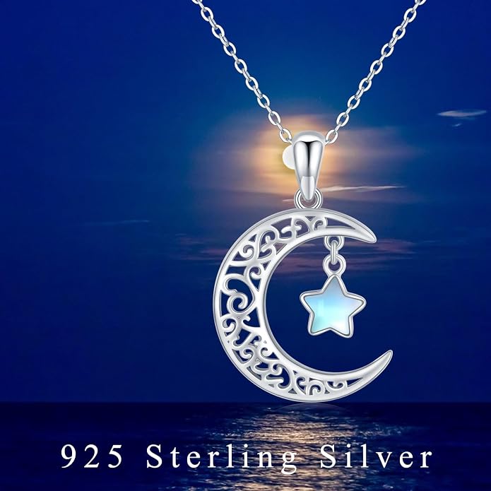 TRISHULA Moon Star Necklace, 925 Sterling Silver Crescent Moon Sun Pendant with Moonstone Crescent Jewelry Gift for Her Sister Birthday Christmas