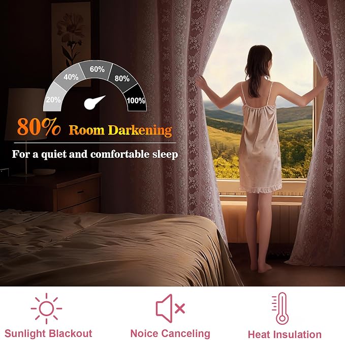Yinhua Pink Kitchen Curtains 36 Inch Length Double Layer Blackout Cafe Curtains with Floral Sheer Overlay Rod Pocket Short Curtain for Windows, Small Window Curtain for Bathroom, Living Room, 2 Panels