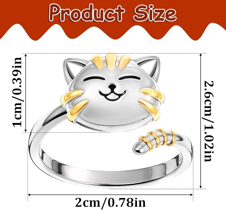 Ptwola Cute Cat Spinner Rings Open Adjustable Animal Pet Kitten Ring Dainty Stackable Band Fidget Anxiety Worry Stress Relieving Finger Promise Engagement Gifts for Women Cat Lovers