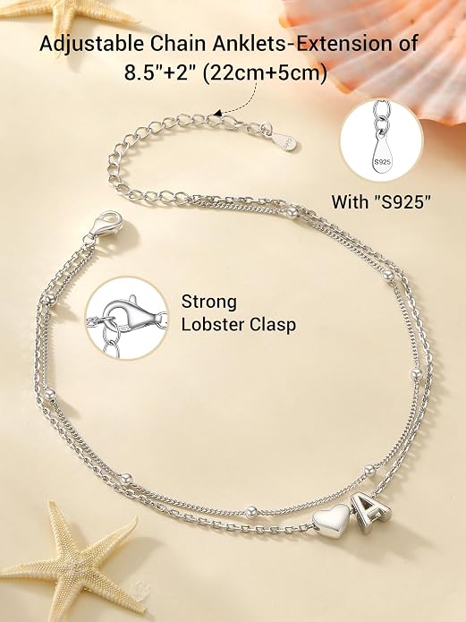 PROSILVER Ankle Bracelets for Women S925 Sterling Silver Anklets for Women Waterproof, Dainty Layered Heart Anklet, Beach Initial Anklet for Summer, Letter A-Z