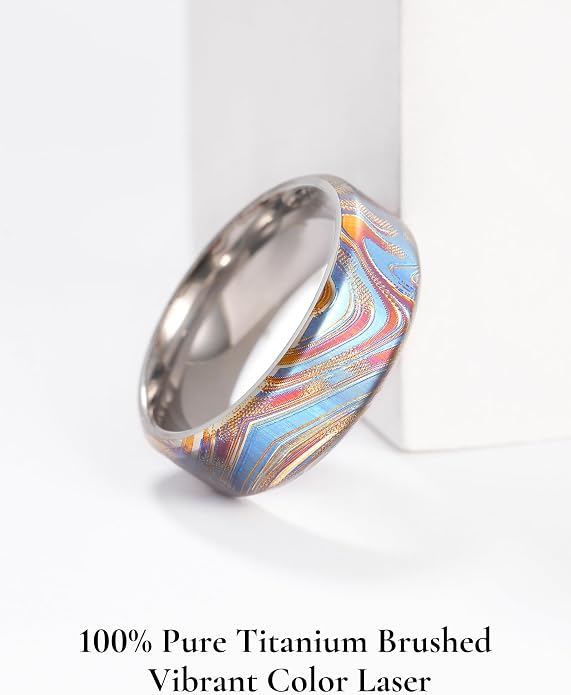 King Will Titanium Wedding Ring for Men Women, 8mm Width Gold/Silver Wedding Band with Unique Random Laser Textured and Multi-Color Laser Engraved Titanium Ring Comfort Fit and Durable Size 8-12