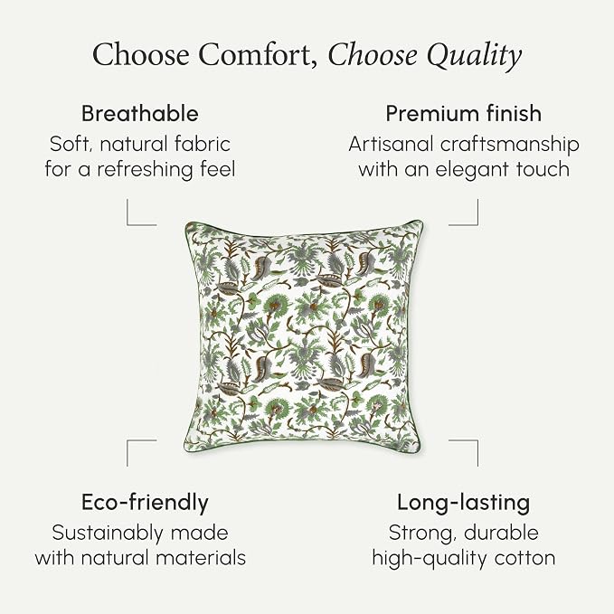 CPC 100% Cotton Throw Pillow Covers 18x18 Inch, Set of 2 Green Block Print Pattern Couch Pillow, Cute Boho Decorative Pillows for Living Room, Bedroom with Hidden Zipper- Mint Leaf