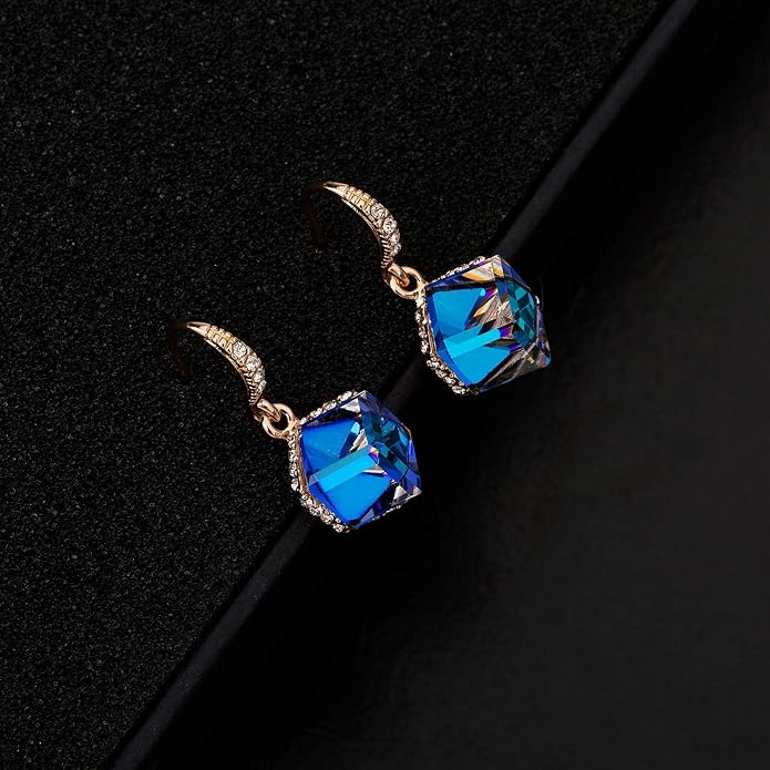 Austrian Crystal Cube Drop Dangle Earrings for Women 14K Gold Plated Hypoallergenic Jewelry