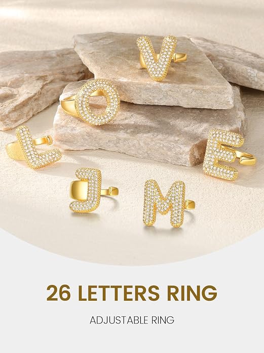 KeyStyle Bold Initial Letter Rings Adjustable, GoldChic Jewelry Women Gold Statement Ring Personalized Engraved Women’s Open Signet Ring for Party (Gold, White Gold, Black)