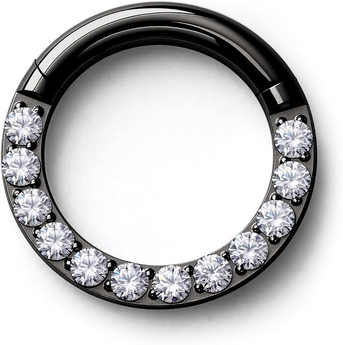 BodyBonita G23 Titanium 0G 2G 4G 6G 8G 10G 12G 14G CZ Septum Rings PA Nose Hoops Clicker Ear Weights for Stretched Ear Piercing Jewelry 10mm 12mm Silver/Gold/Black