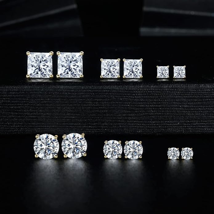 MDFUN 6 Pairs Stud Earrings Set 3mm/5mm/7mm Princess & Round Cubic Zirconia Earrings Hypoallergenic 316L Surgical Stainless Steel CZ Earrings for Women Men