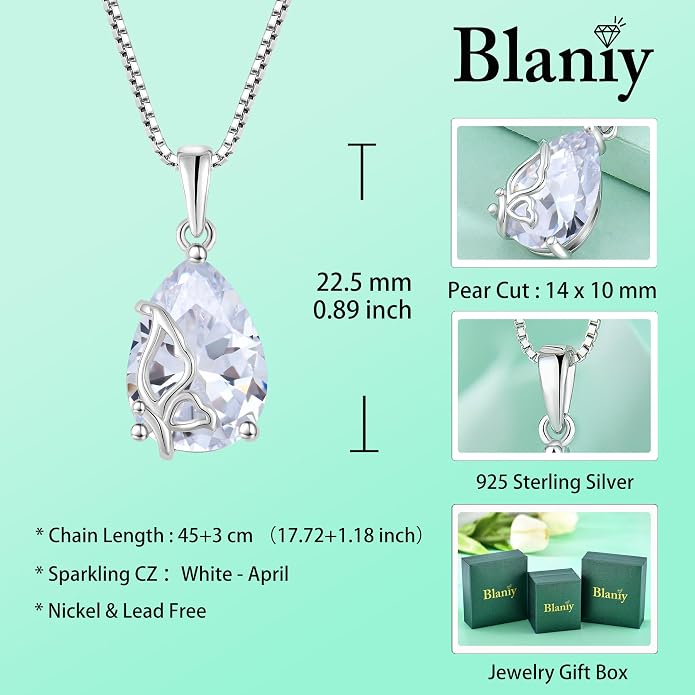 Teardrop Necklace 925 Sterling Silver Butterfly Pendant Necklace Birthstone Jewelry for Women