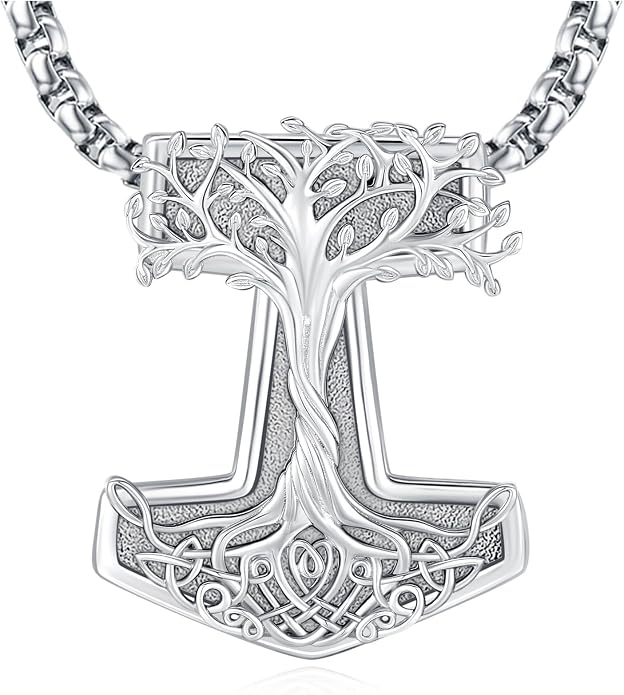 Eusense Viking Jewelry for Men Women Sterling Silver 925 Mjolnir Thors Hammer Pendant Celtic Cross Necklace Wolf Odin Raven Freya Goddess Norse Pagan Compass Vegvisir Yggdrasil Nordic Viking Necklaces Gifts