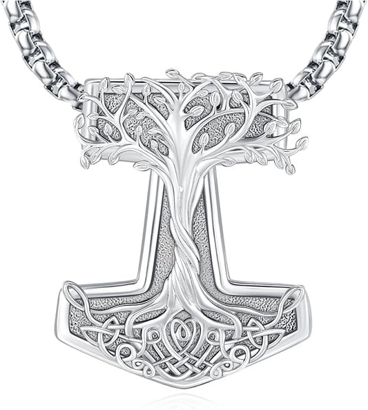 Eusense Viking Jewelry for Men Women Sterling Silver 925 Mjolnir Thors Hammer Pendant Celtic Cross Necklace Wolf Odin Raven Freya Goddess Norse Pagan Compass Vegvisir Yggdrasil Nordic Viking Necklaces Gifts