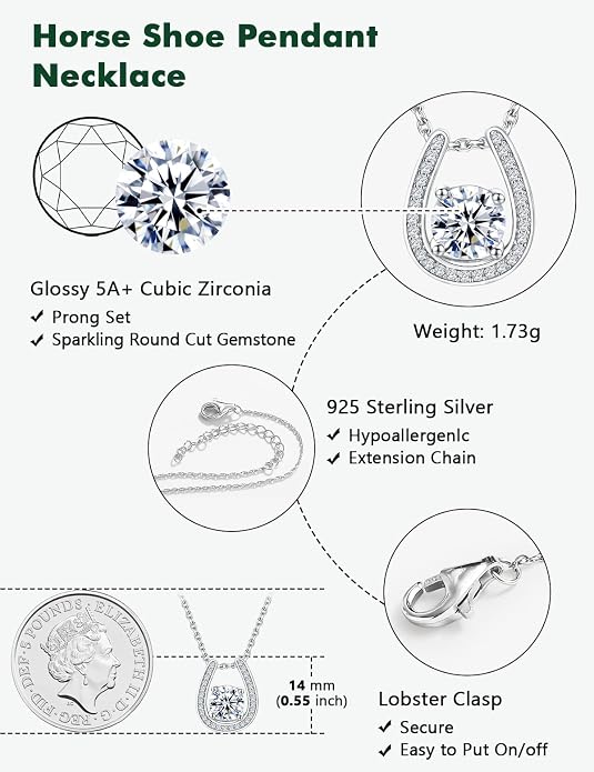 925 Sterling Silver Horseshoe Necklace for Women Round Gemstone Birthstone Necklace Sapphire/Emerald/Ruby/CZ Horse Shoe Pendant Necklaces Jewelry Gift