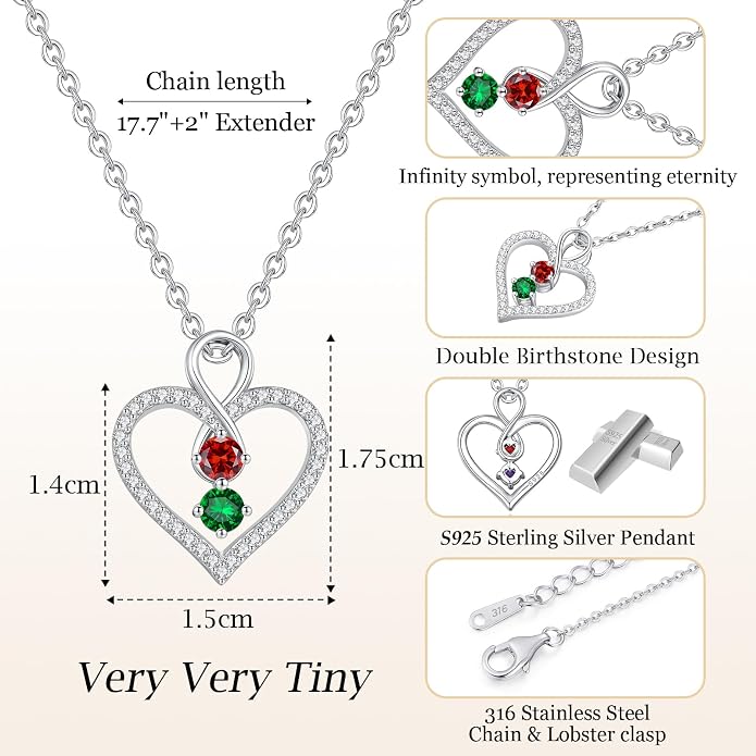 LOUISA SECRET Double Birthstone Necklaces for Women, 925 Sterling Silver Infinity Love Heart Pendant Necklace for Her, Birthday Anniversary Valentine's Day, Christmas, Wedding, Graduation Gift for Her, Personalized Gifts, Jewelry Gifts for Wife Mom Gir...