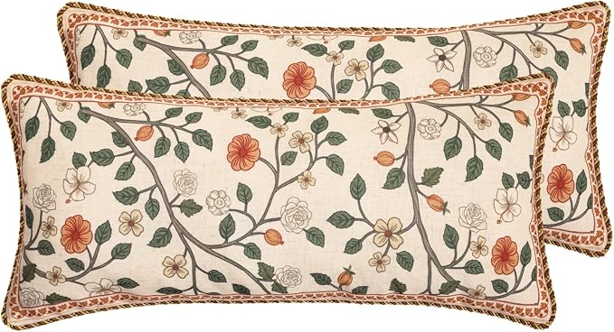 ISAENNE Designer Elegant Linen Throw Pillow Cover,Set of 2,28"x12"-Flora A | French Rectangle Decor Pillow Cover,Concealed Zipper Design,Floral Pattern,Sofa,Bedroom,Living Room,Lounge Chairs