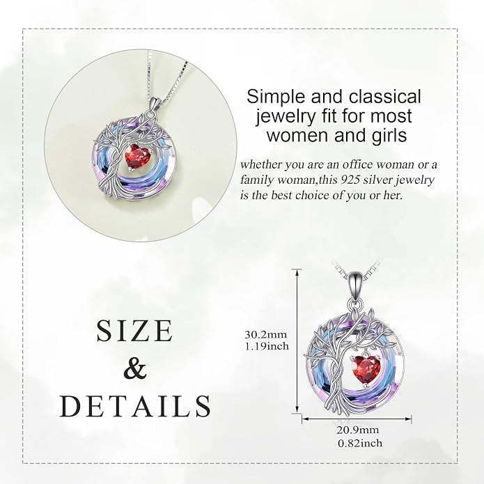 POPLYKE Mothers Day Gifts for Mom Her Wife Tree of Life Necklace 925 Sterling Silver Birthstone Pendant with Crystal Anniversary Birthday Wedding Jewelry for Women