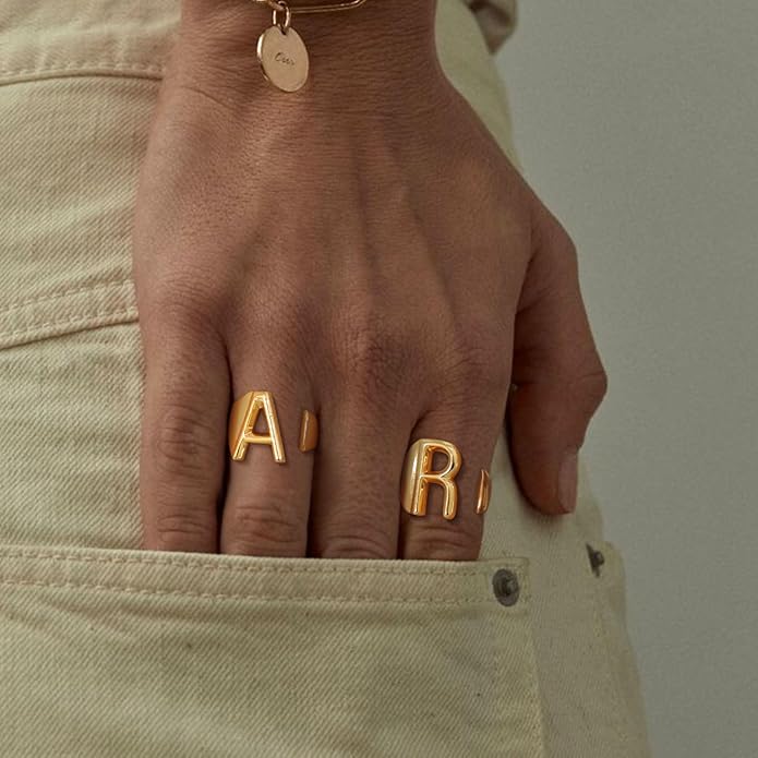 KeyStyle Bold Initial Letter Rings Adjustable, GoldChic Jewelry Women Gold Statement Ring Personalized Engraved Women’s Open Signet Ring for Party (Gold, White Gold, Black)